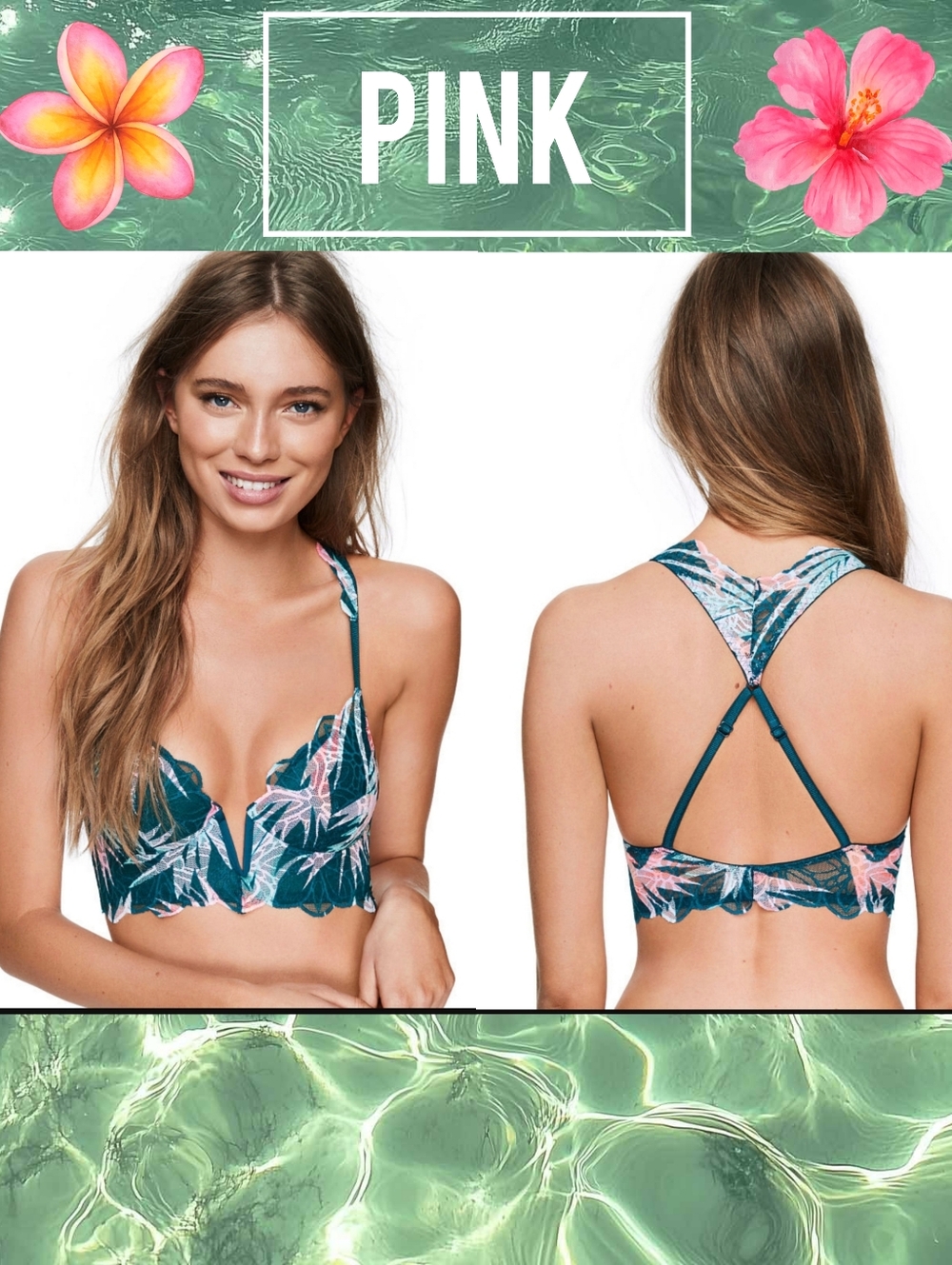 PINK VS Date Push-Up Racerback Bra in Teal Tropical Print Lace - Size Small *EUC